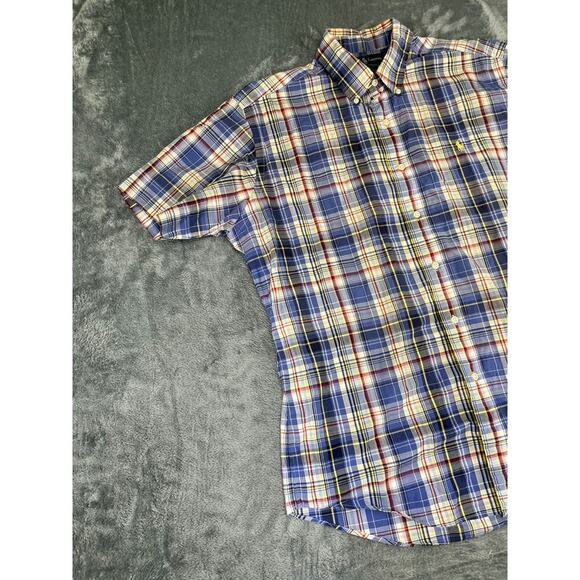 Men's Ralph Lauren Blue Yellow Plaid Button Down Short Sleeve Shirt Size L Exc - Picture 5 of 9